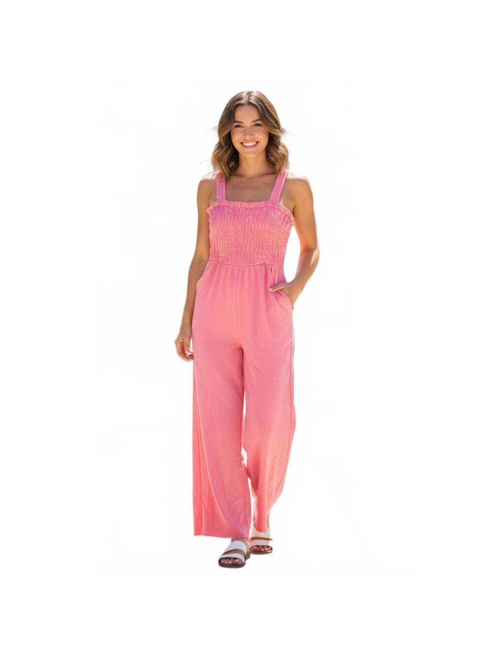 Zenana Pink Wide Leg Jumpsuit with Smocked Bodice and Pockets Size Small